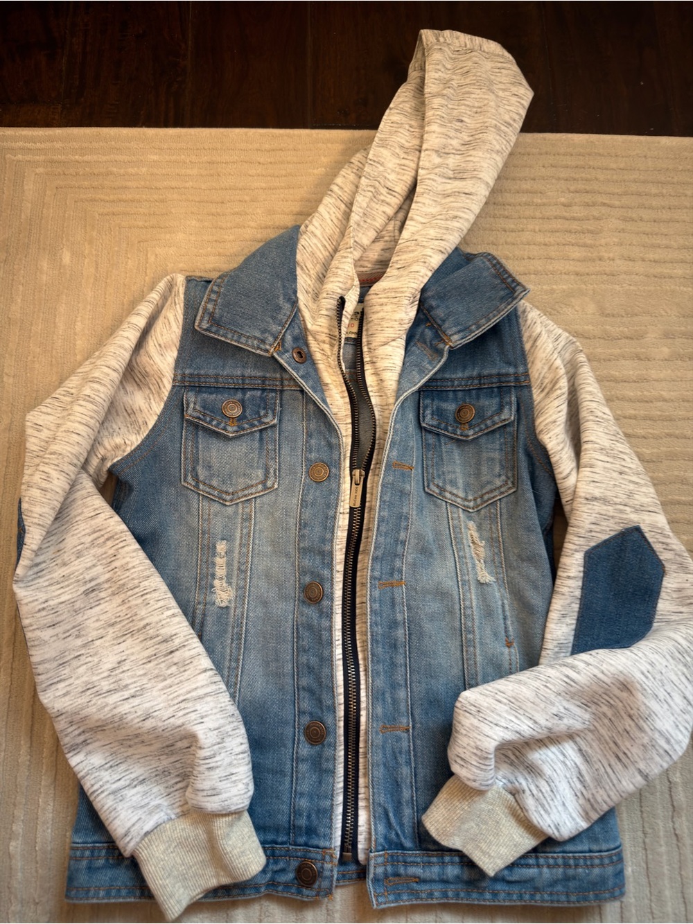 Kids Blue Denim Jacket with Heather Gray Hood and Sleeves